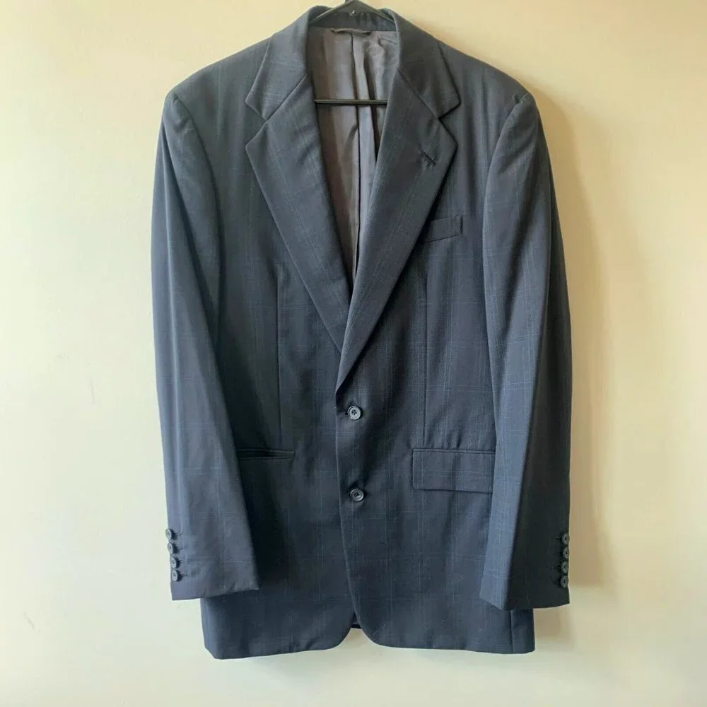 Norman Hilton Blazer Sport Coat‎ Men's 39L Wool Grey Plaid  Made in USA 2 Button